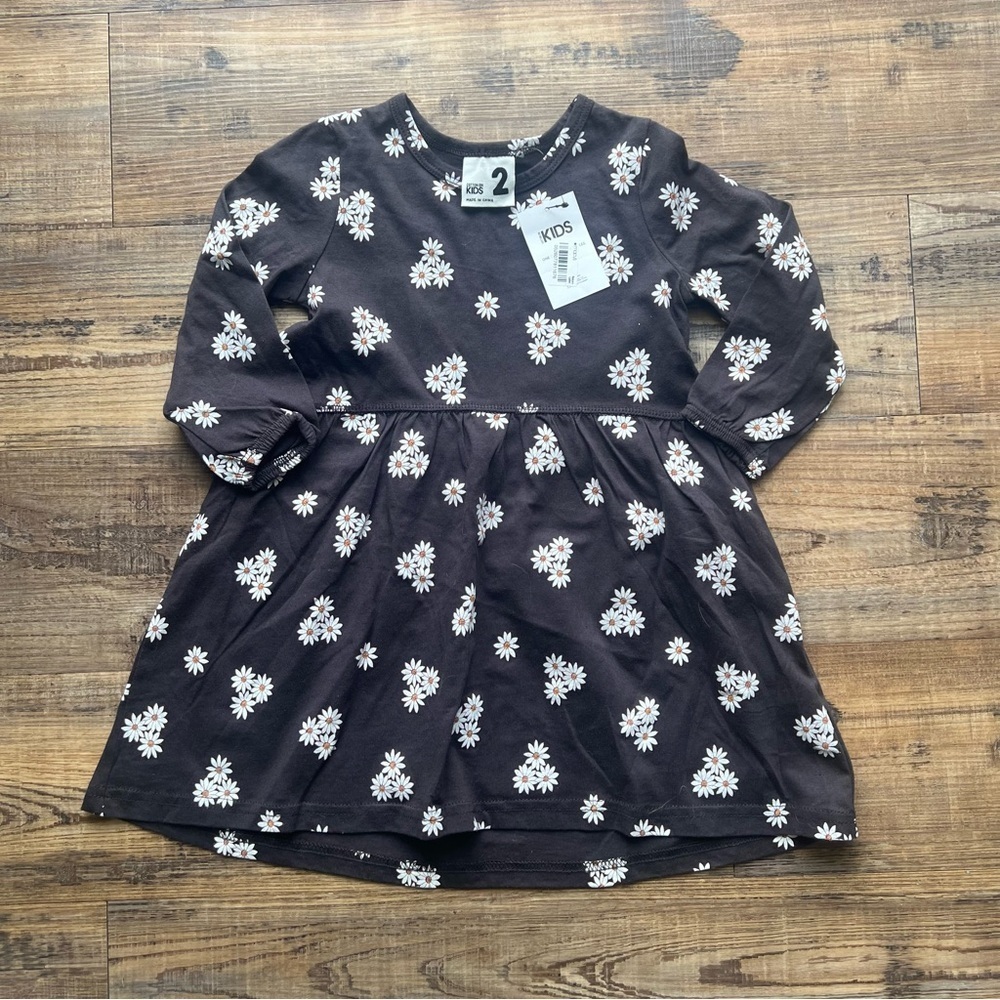 Cotton On Kids Girls Grey/Black Floral Daisy Long Sleeve Dress Fall Size 2 NWT